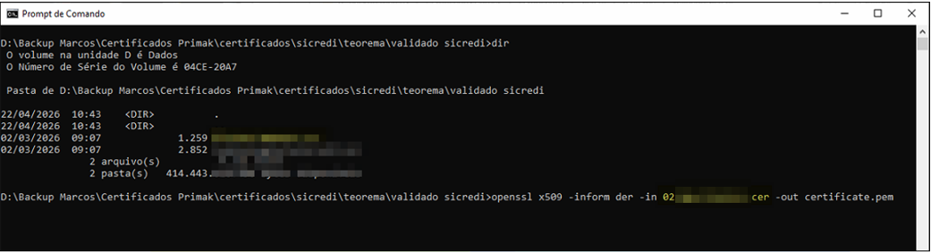 Prompt de Comando mostrando execução do comando de conversão OpenSSL