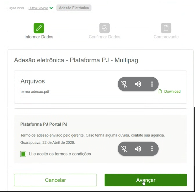 Tela de adesão eletrônica mostrando documento e opção de download
