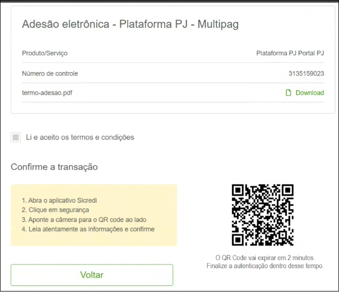 Tela de confirmação com QR code para autenticação mobile