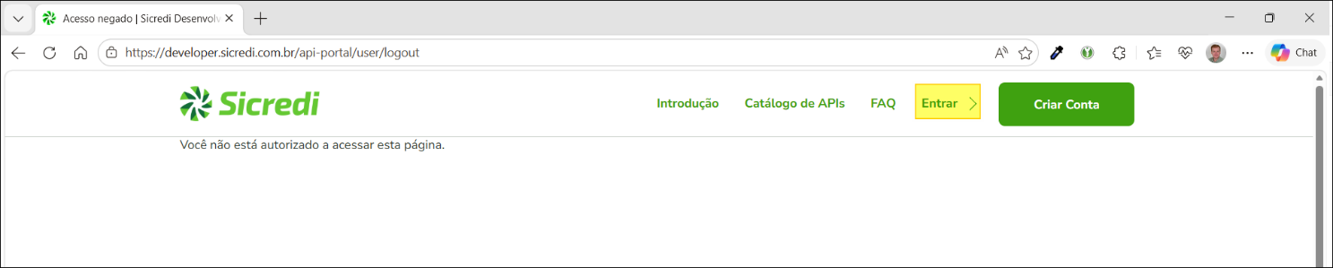 Portal do Desenvolvedor Sicredi com aviso de acesso não autorizado