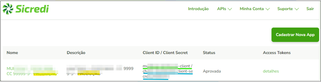 Portal do Desenvolvedor mostrando tabela de credenciais em Produção