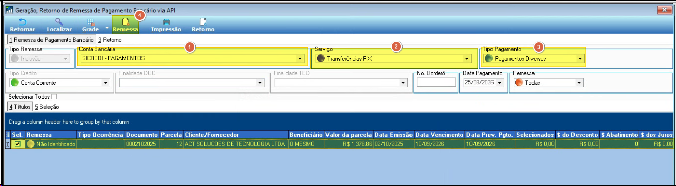 Tela de geração de remessa com serviço "Transferência PIX" selecionado