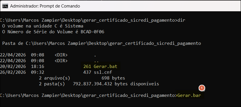 Execução do comando em Prompt de Comando mostrando listagem de arquivos gerados