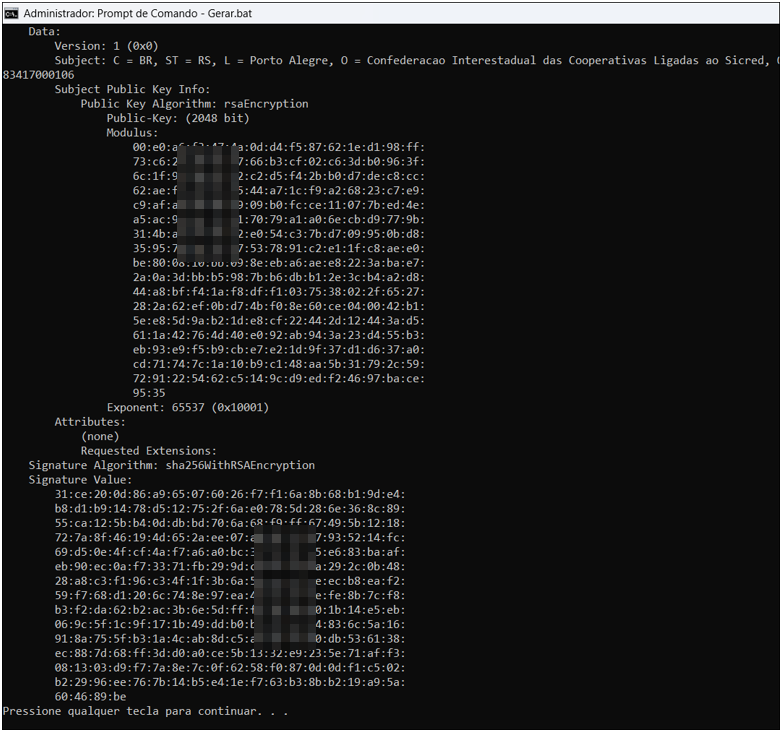 Output do OpenSSL mostrando certificados e chaves criadas
