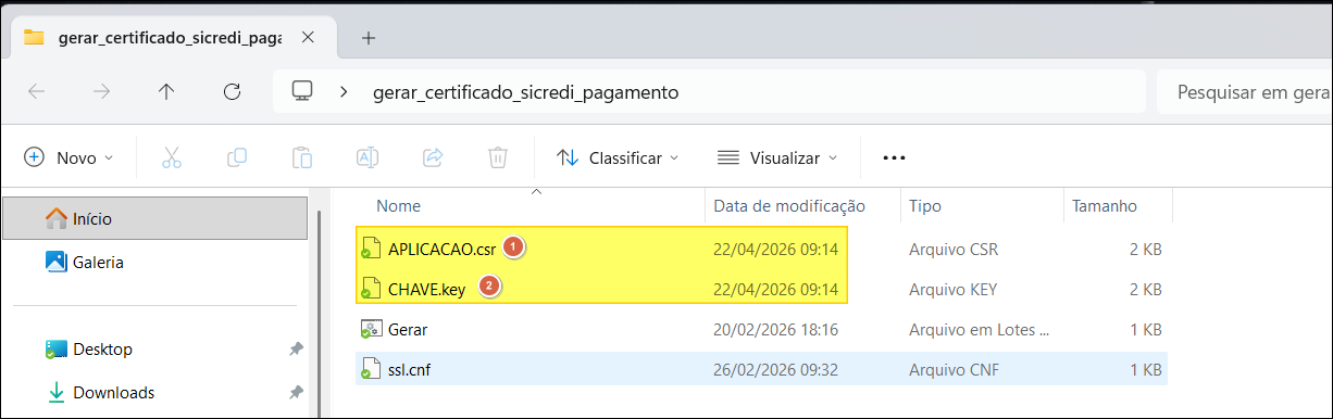 Explorer mostrando pasta com arquivos APLICACAO.csr e CHAVE.key destacados