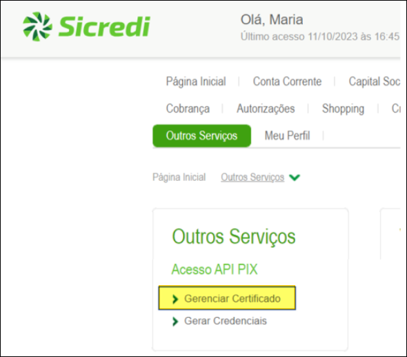 Menu Internet Banking Sicredi com opção "Gerenciar Certificado" destacada