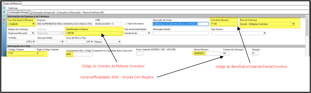 Tela de configuração da remessa de cobrança Sicoob com abas de informações principais, impressão, instruções e observações, e webservice, destacando campos de layout, descrição, convênio, tipo de cobrança, identificação no banco, código cedente, cooperativa, carteira e variação