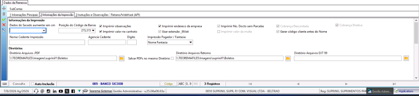 Tela de configuração das informações de impressão de boletos com campos para dados do sacado, posição de código de barras, opções de impressão, nome cedente, agência cedente e diretórios de arquivos PDF e retorno