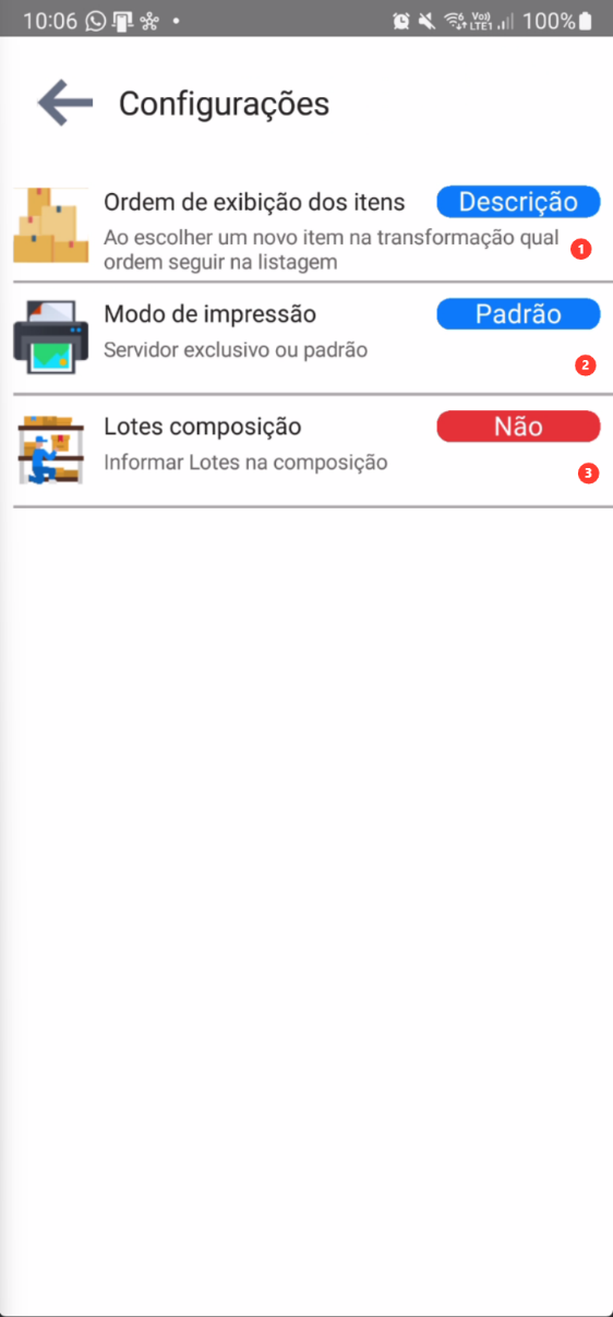 Tela de configurações com três opções: Ordem de exibição, Modo de impressão e Lotes composição
