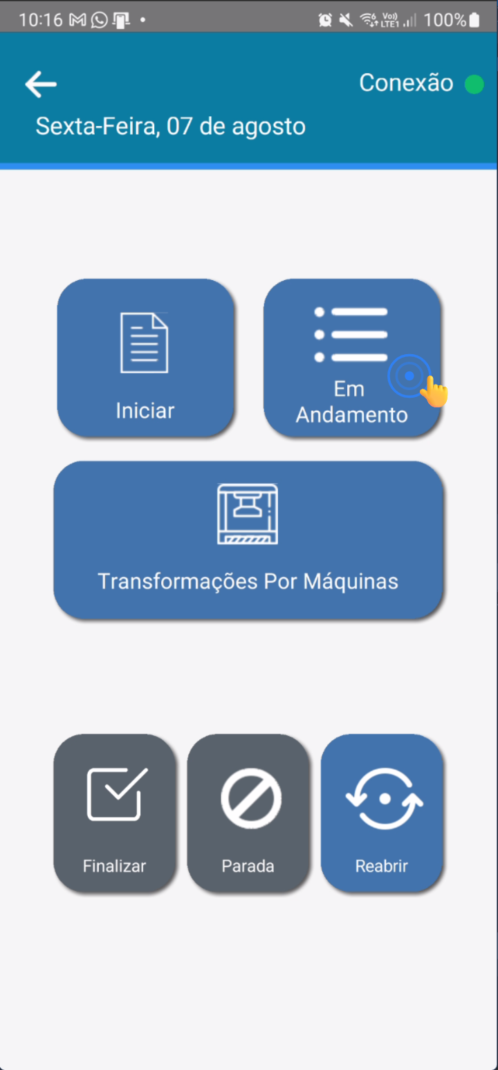 Tela principal com opção Em Andamento destacada