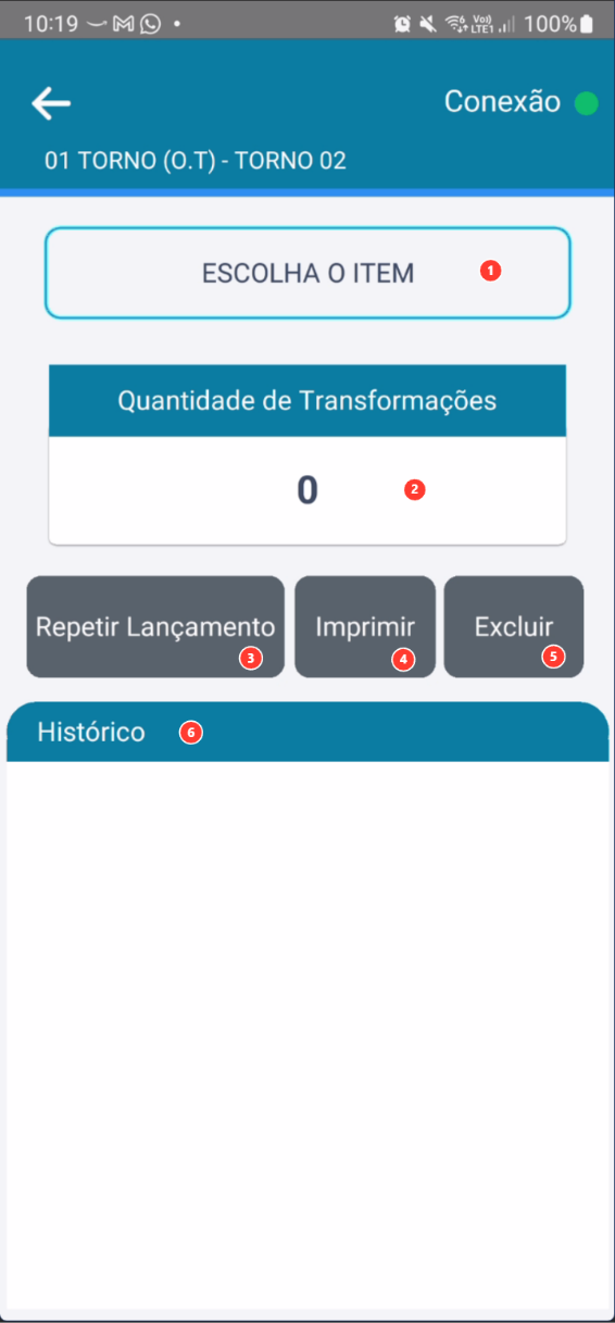 Tela de transformação reaberta com opções de item, quantidade, repetir, imprimir, excluir e histórico