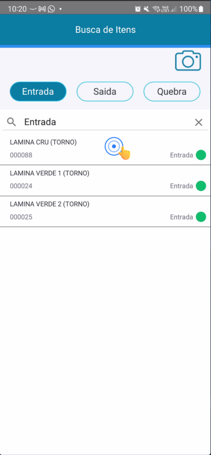Tela de busca de itens com filtros de tipo de movimento