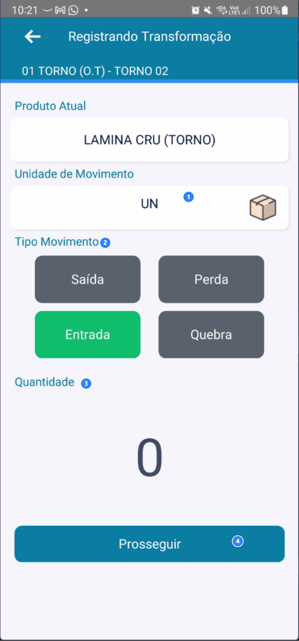 Tela de registro de transformação com campos para unidade, tipo e quantidade de movimento
