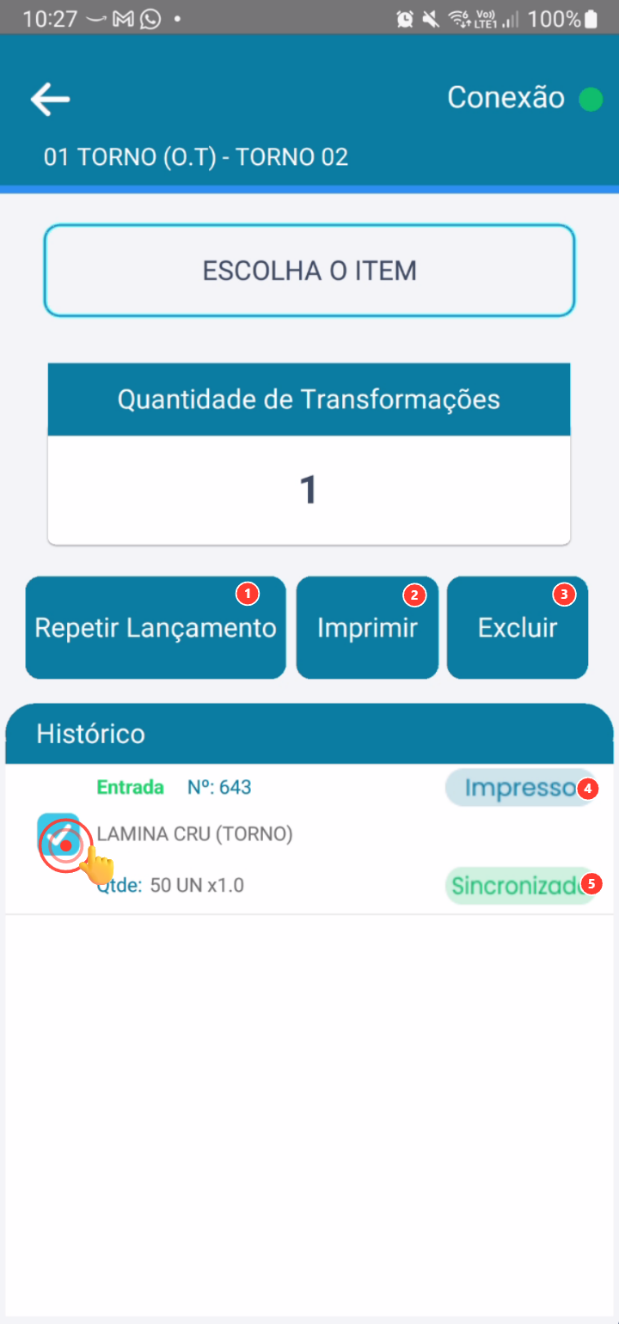 Menu de opções do produto com ações de repetir, imprimir, excluir e status de sincronização