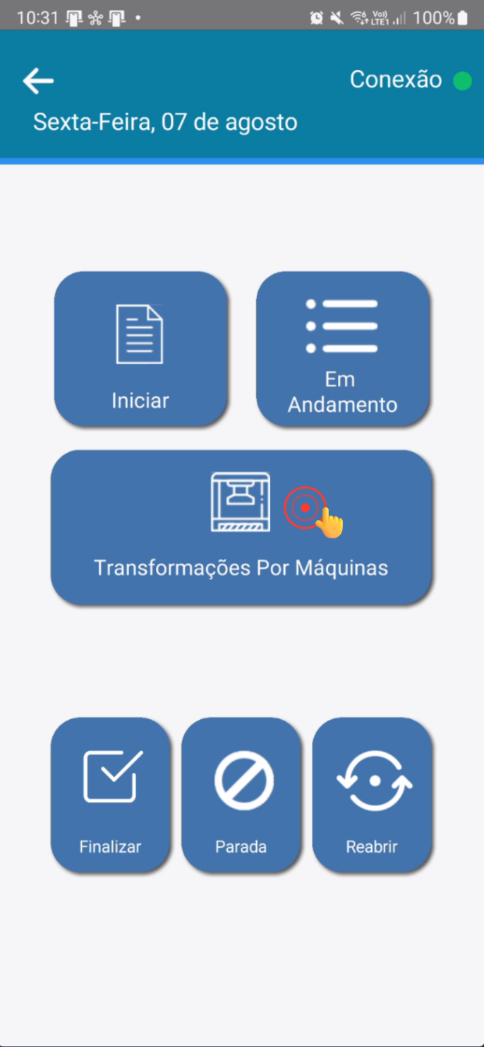 Tela principal com opção Transformações por Máquinas