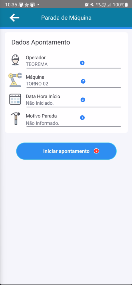 Tela de parada de máquina com campos para operador, máquina, data/hora e motivo