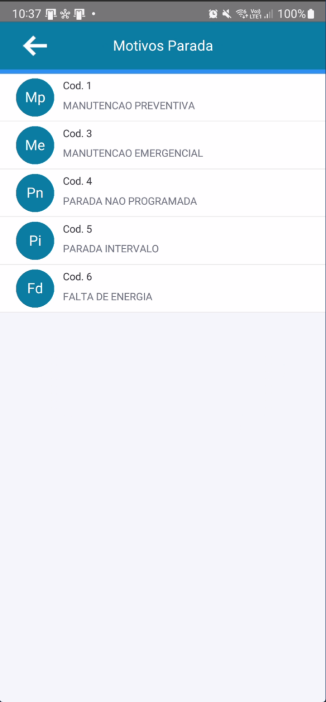 Lista de motivos de parada disponíveis para seleção