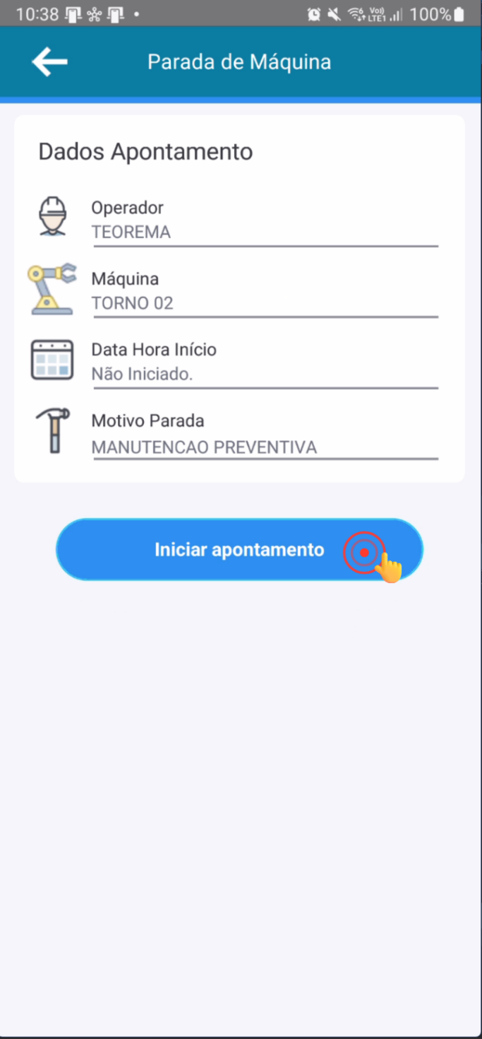 Tela de parada de máquina com motivo selecionado e botão Iniciar apontamento