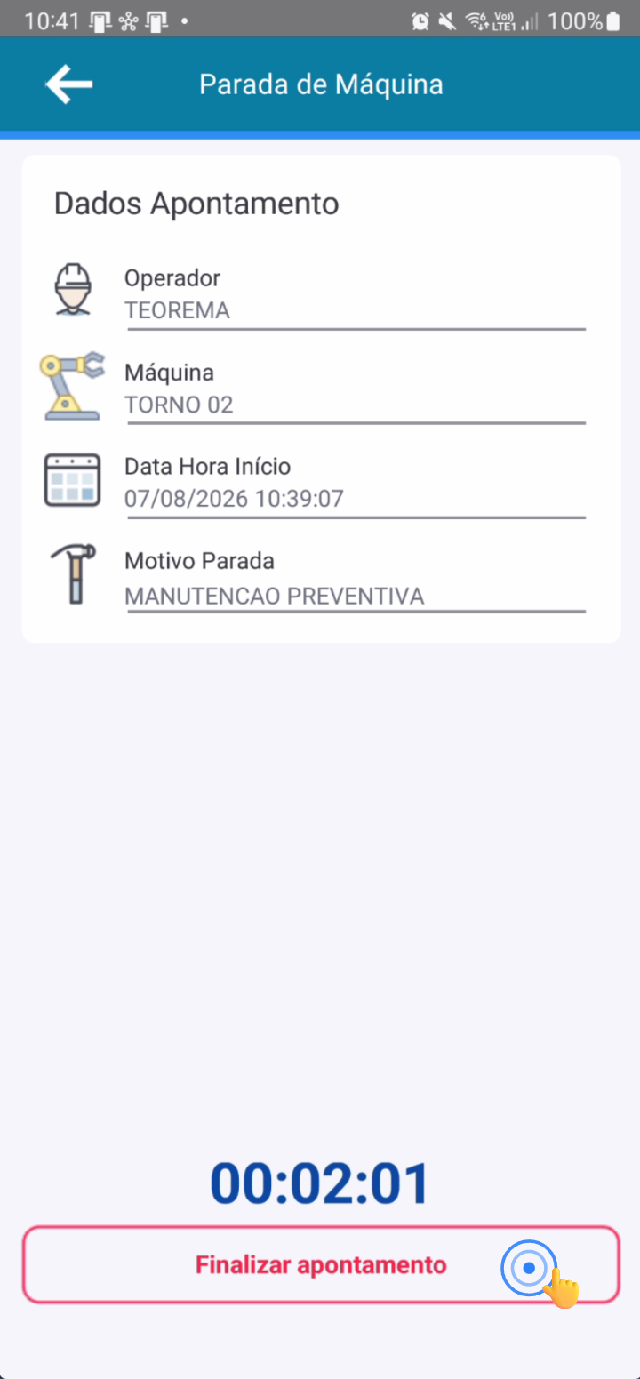 Tela de parada de máquina com tempo decorrido exibido e botão Finalizar apontamento