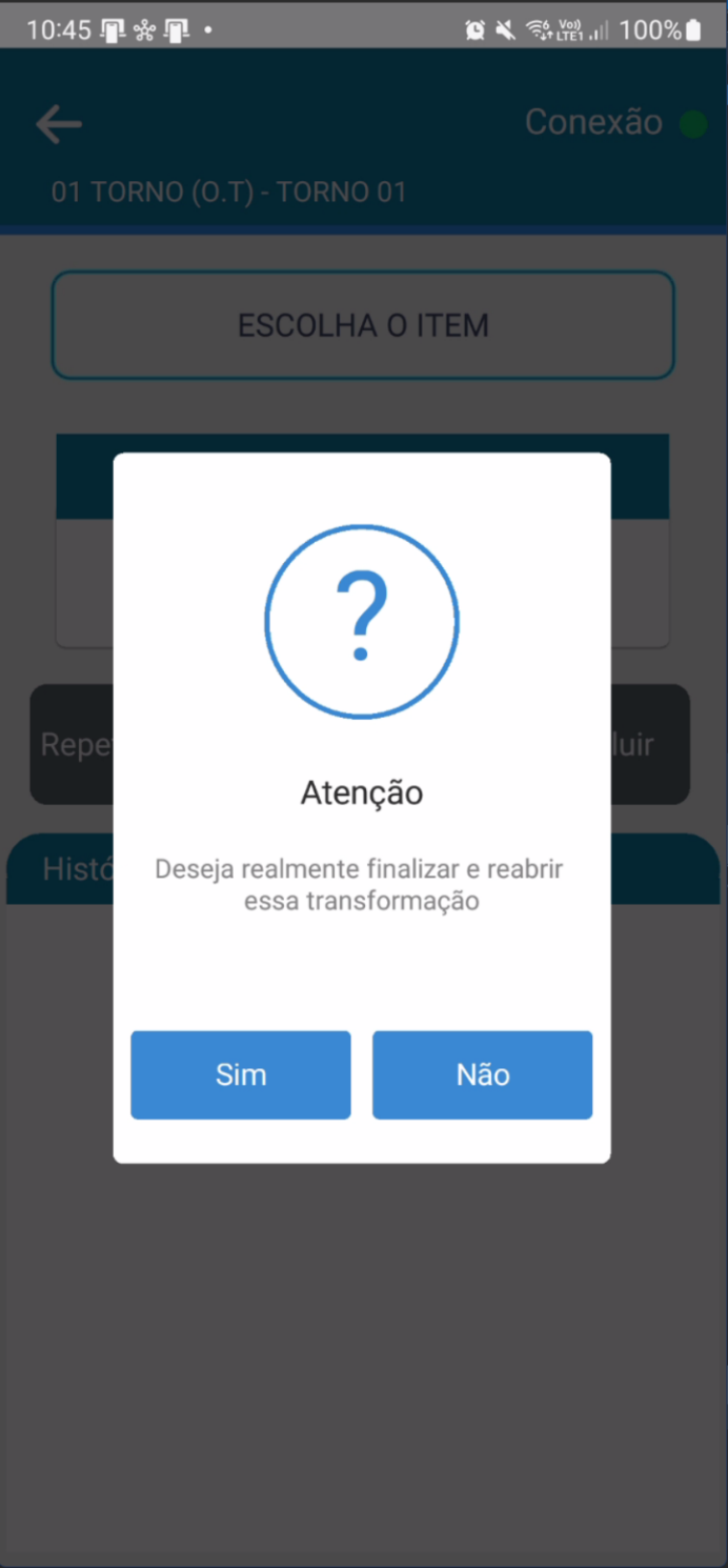 Mensagem de confirmação para finalizar e reabrir transformação