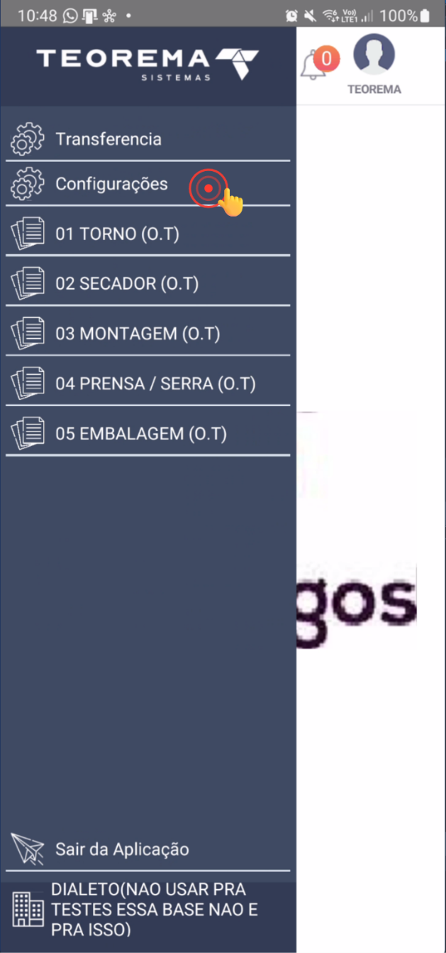 Menu lateral com opção Configurações destacada
