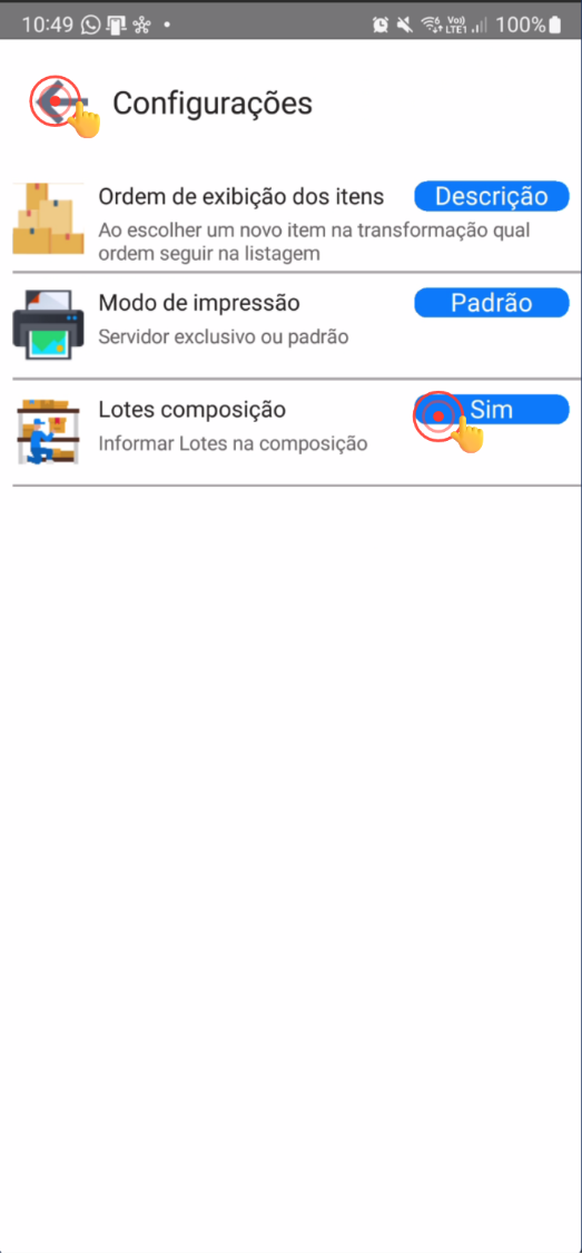 Tela de configurações com opção Lotes composição em destaque