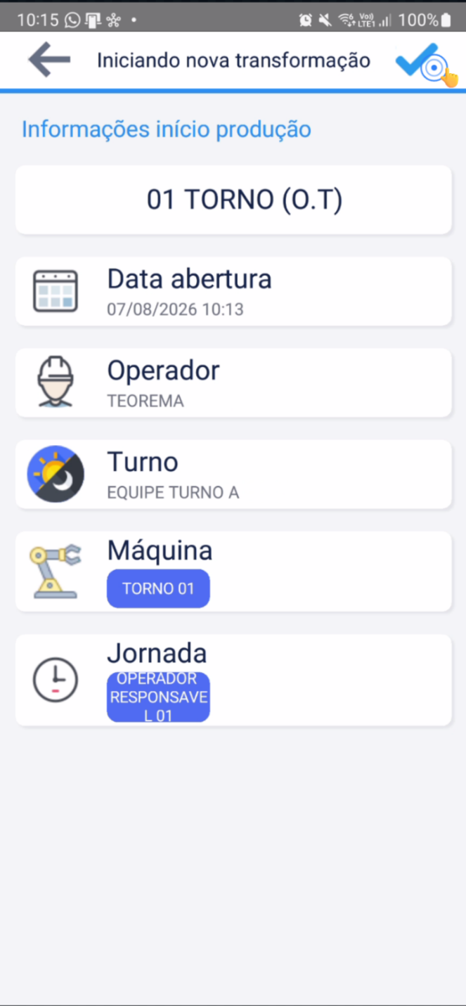 Tela de início de transformação com lotes ativados