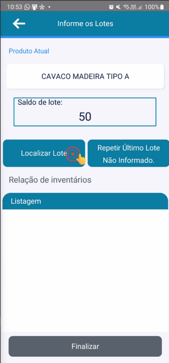Tela de seleção de lotes com informações de produto e saldo