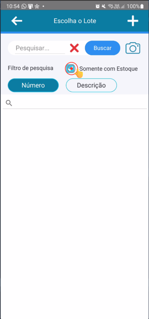 Tela de escolha de lote com filtro Somente com Estoque