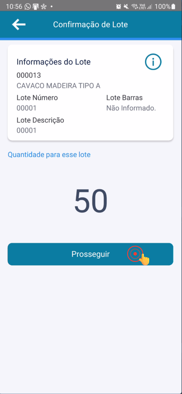 Tela de confirmação de lote com campo de quantidade