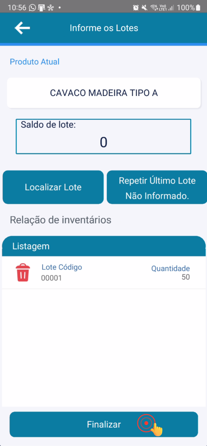 Tela de informação de lotes com lotes já selecionados e saldo de lote