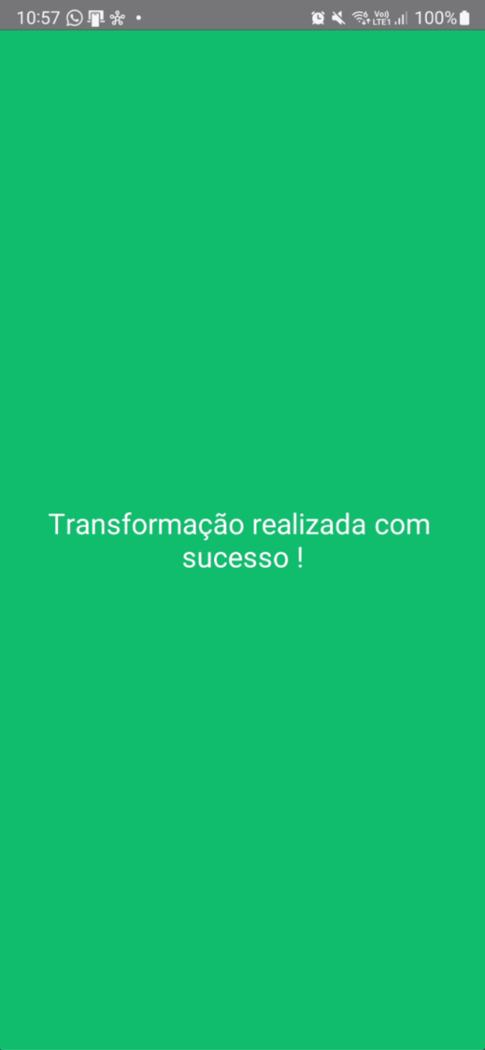 Mensagem de sucesso confirmando transformação com lotes