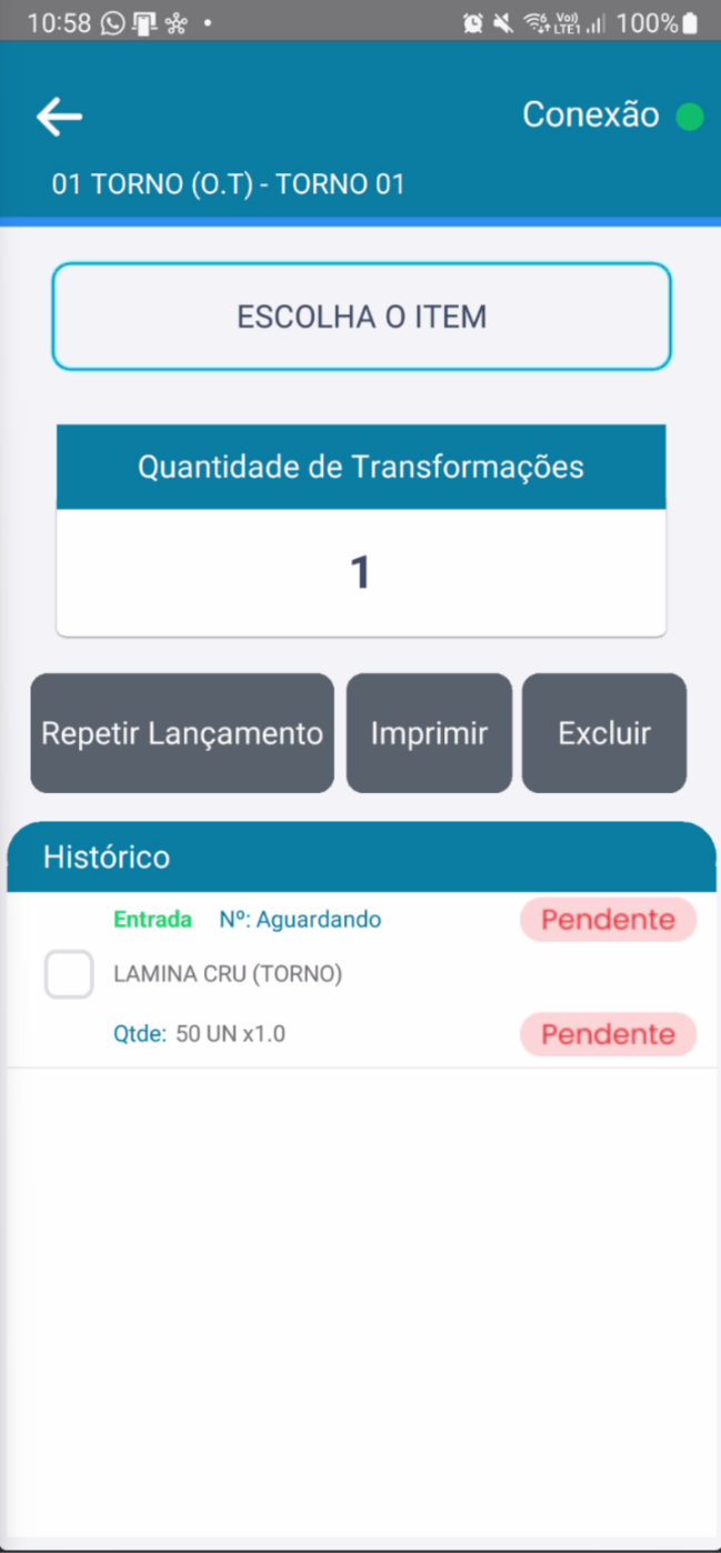 Tela de transformação com item lançado no histórico