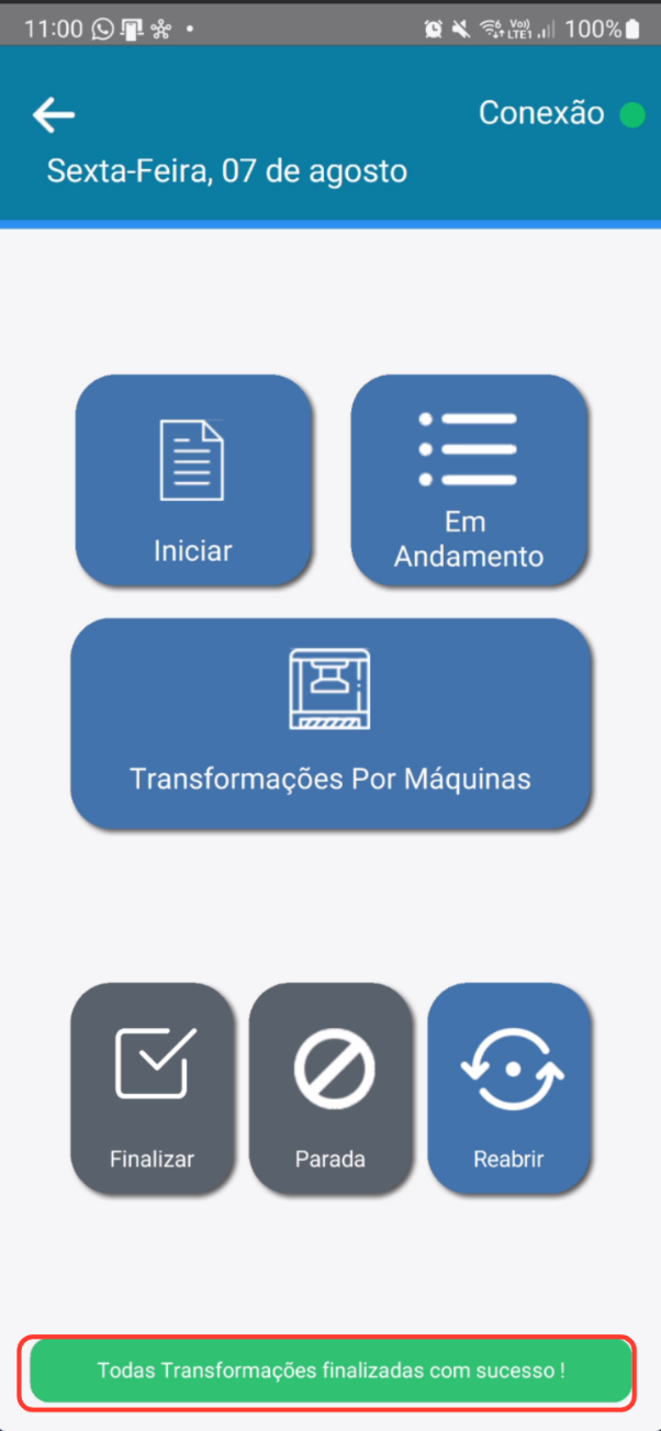 Tela principal com mensagem de sucesso de finalização de todas as transformações