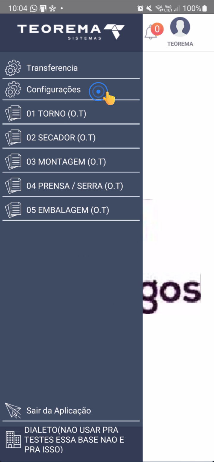 Opção Configurações no menu lateral