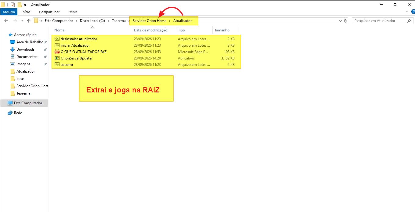 Pasta Atualizador no Explorador com os quatro arquivos do Atualizador destacados