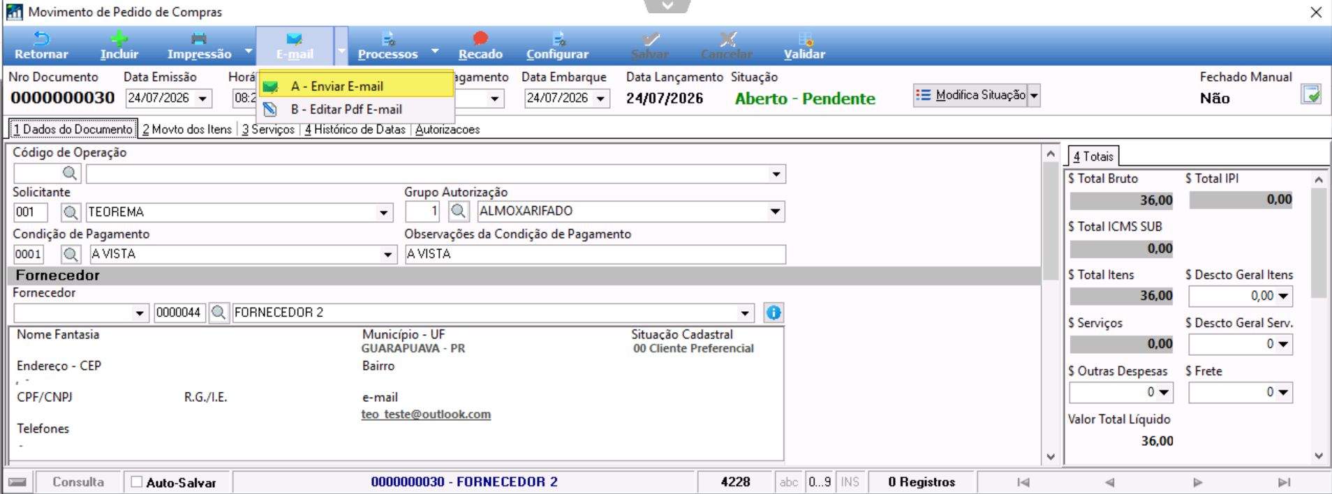 Tela de envio de e-mail para o fornecedor