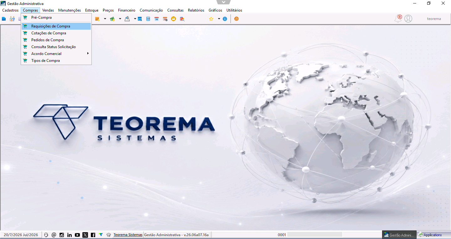 Menu Requisições do sistema Teorema
