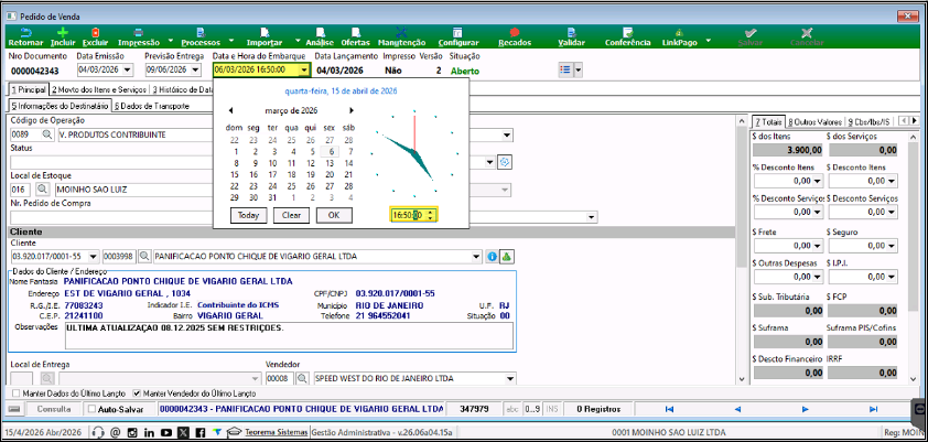 Tela de Pedido de Vendas com calendário de Data de Embarque exibindo data e hora no formato DD/MM/AAAA HH:MM:SS