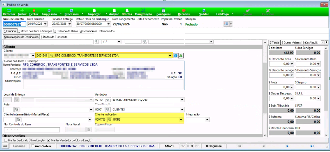 Tela de Pedido de Vendas com Cliente Indicador preenchido