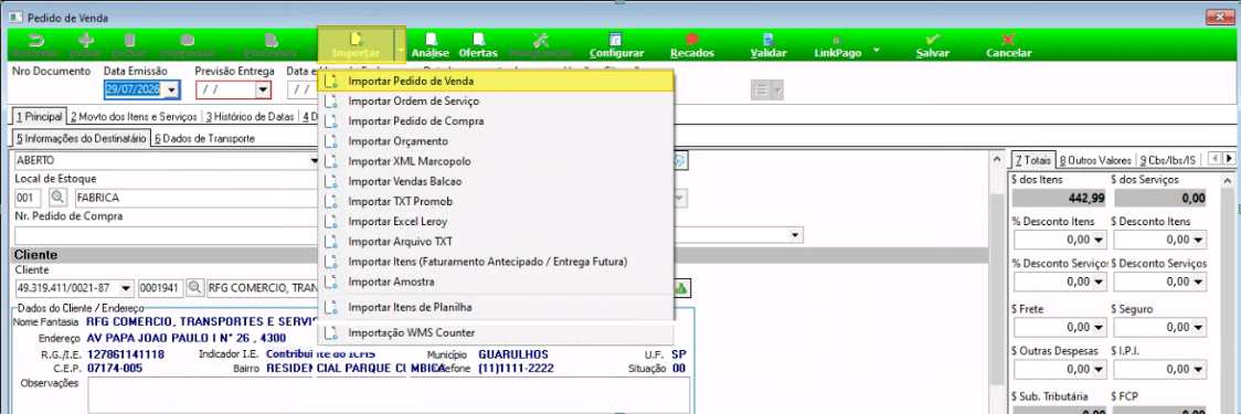 Menu de opções de Importação com menu aberto mostrando opções como Importar Pedido de Venda, Importar Documento e outras
