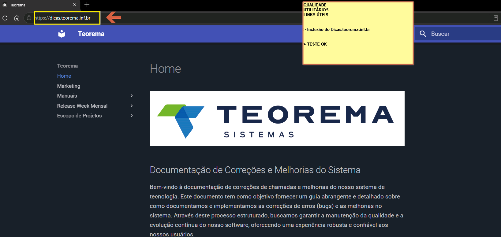 Portal de Documentação da Teorema Sistemas com menu lateral contendo categorias: Home, Marketing, Manuais, Release Week Mensal e Escopo de Projetos