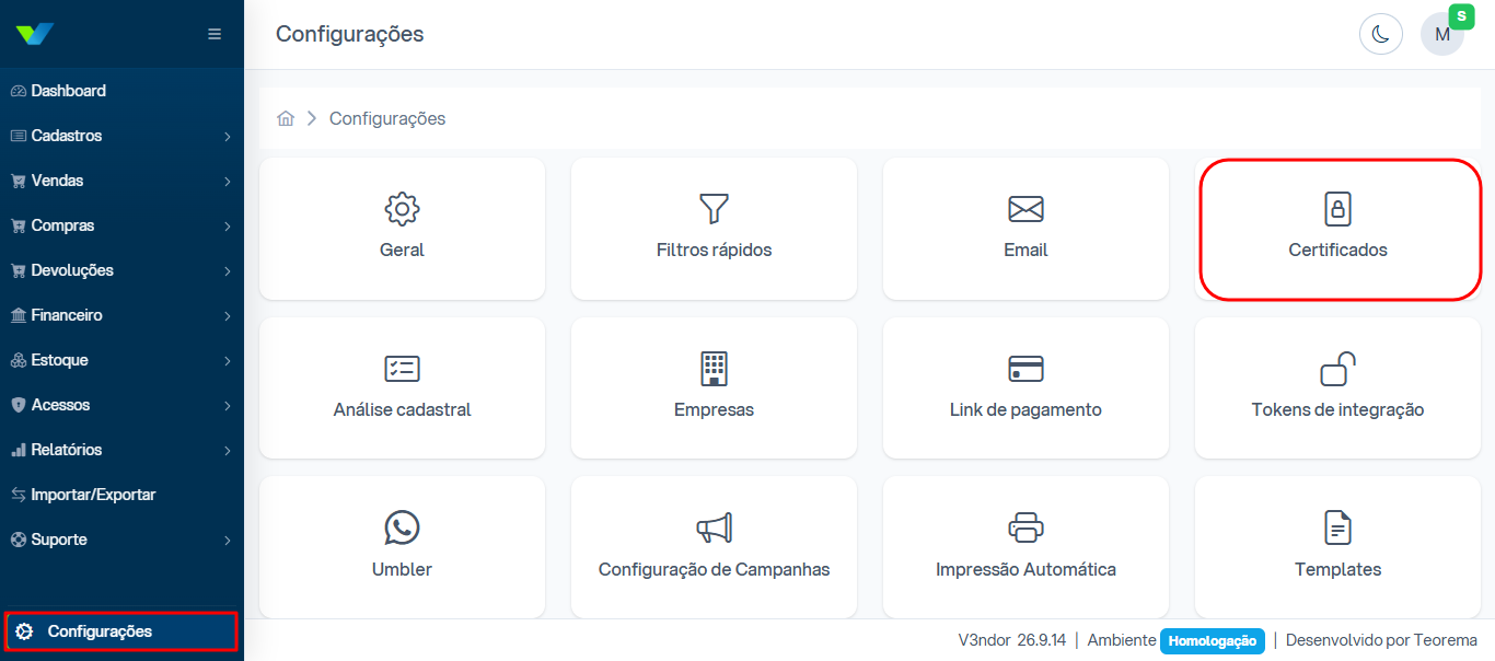Acesso à configuração de certificados