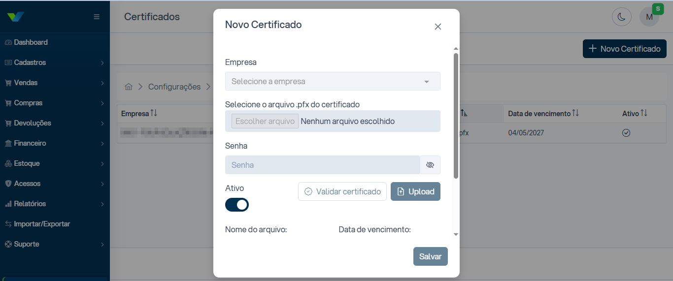 Configuração do certificado A1 no V3ndor