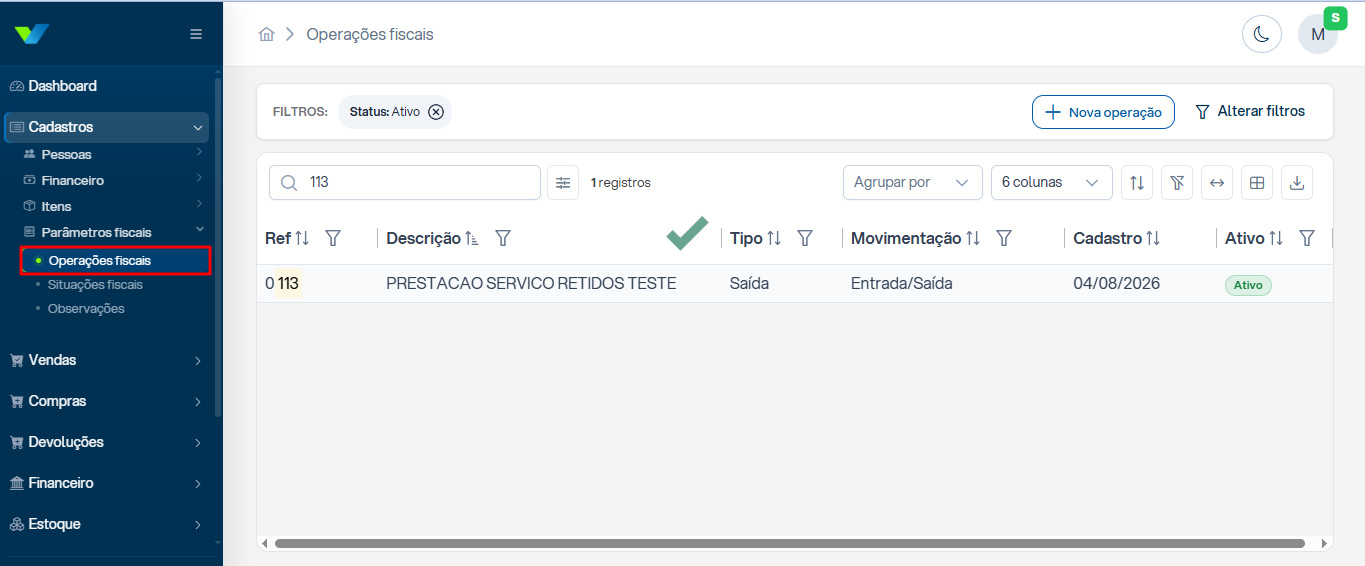 Tela de cadastro de operações fiscais