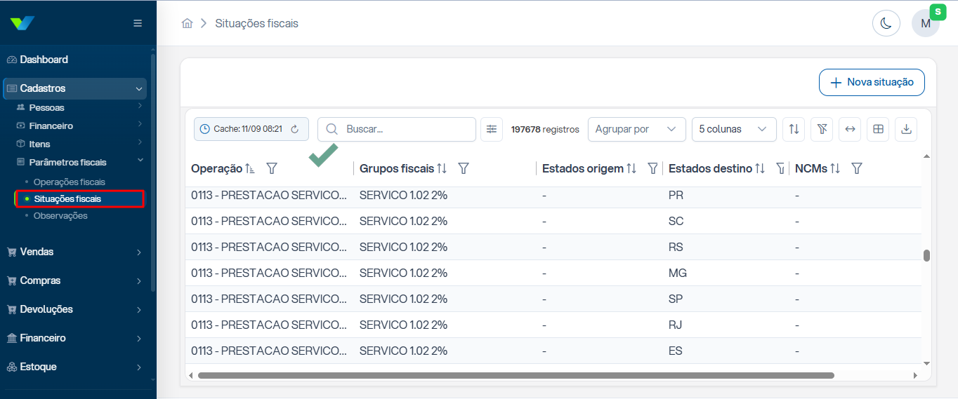 Tela de configuração de situações fiscais de serviço