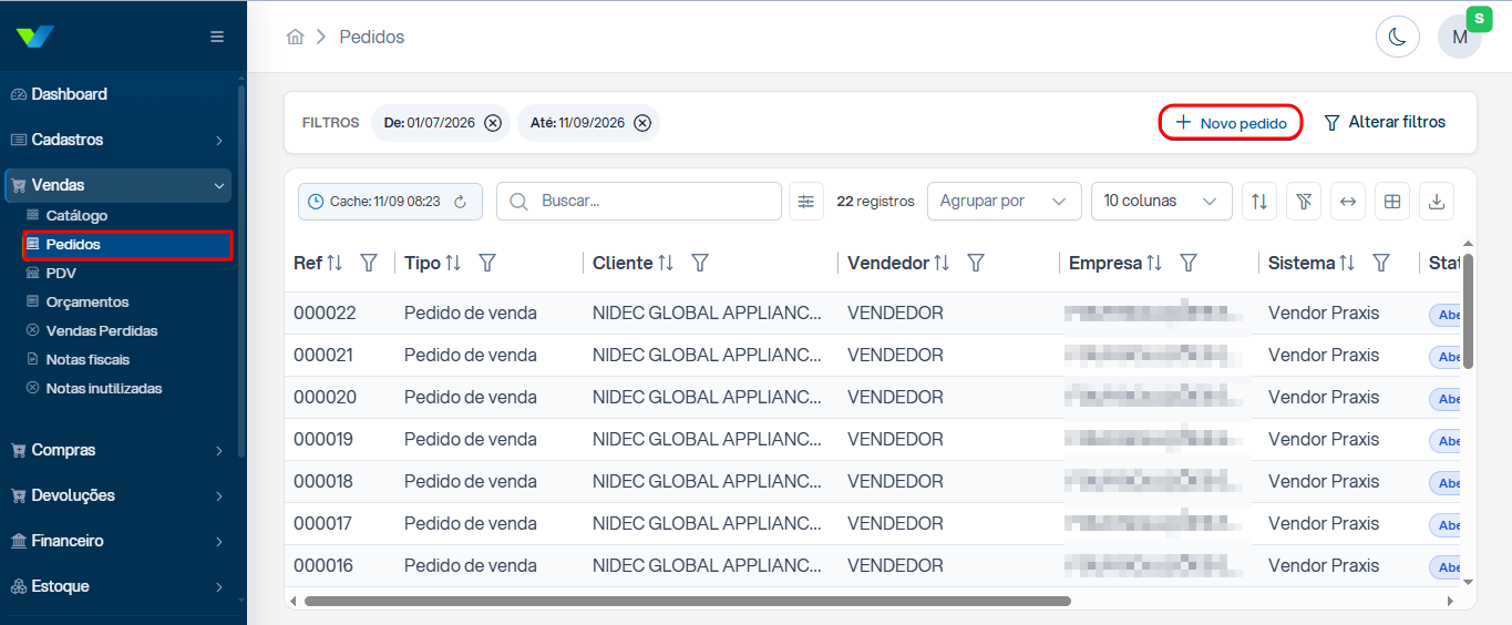 Tela para criação de novo pedido