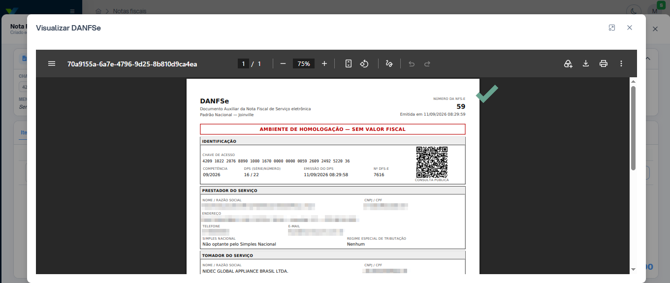 DANFSE gerada e pronta para impressão