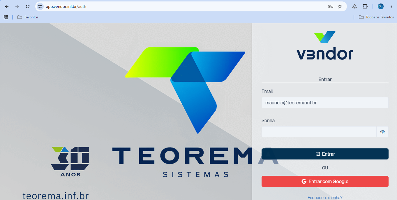 Tela de autenticação do V3ndor com opções de login