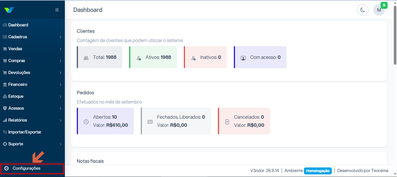 Menu de configurações do V3ndor